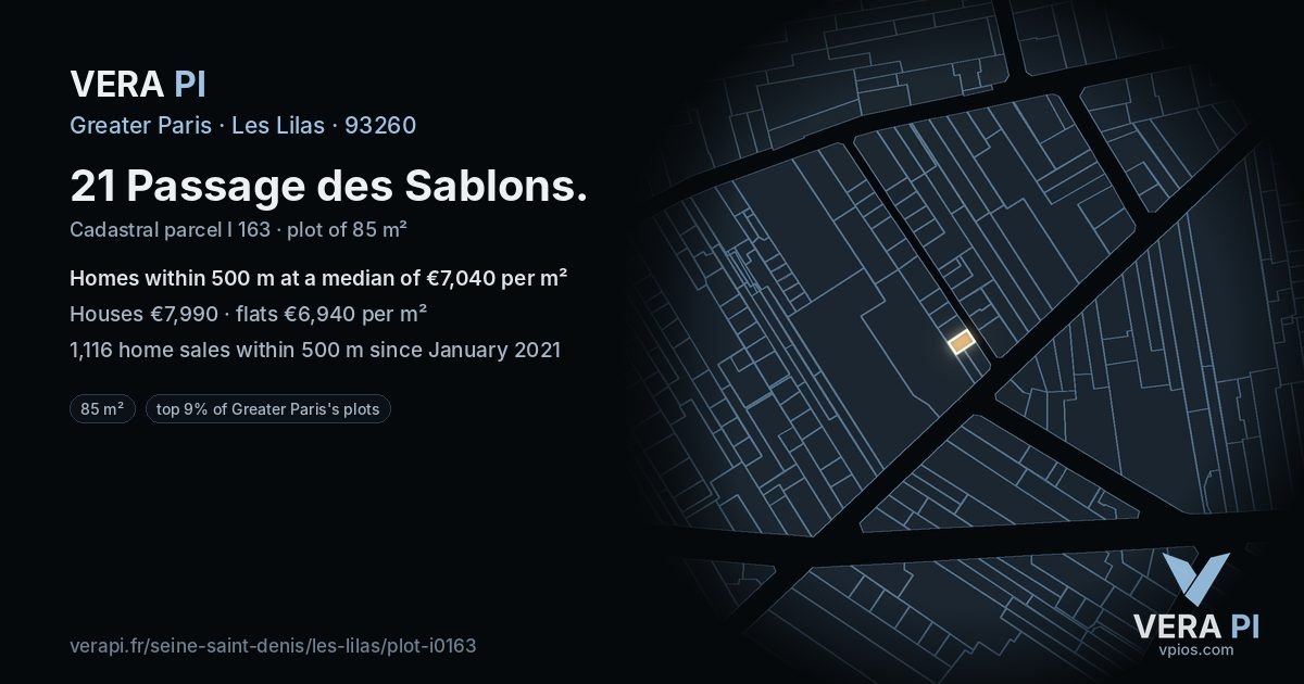 21 Passage des Sablons, Les Lilas at night – the plot lit, the parcels around coloured by the prices near them