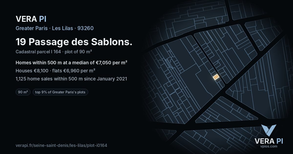19 Passage des Sablons, Les Lilas at night – the plot lit, the parcels around coloured by the prices near them