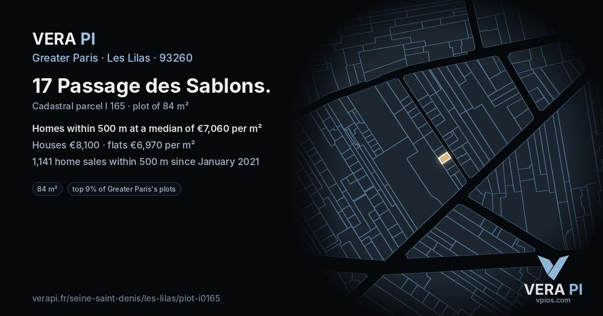 17 Passage des Sablons, Les Lilas at night – the plot lit, the parcels around coloured by the prices near them