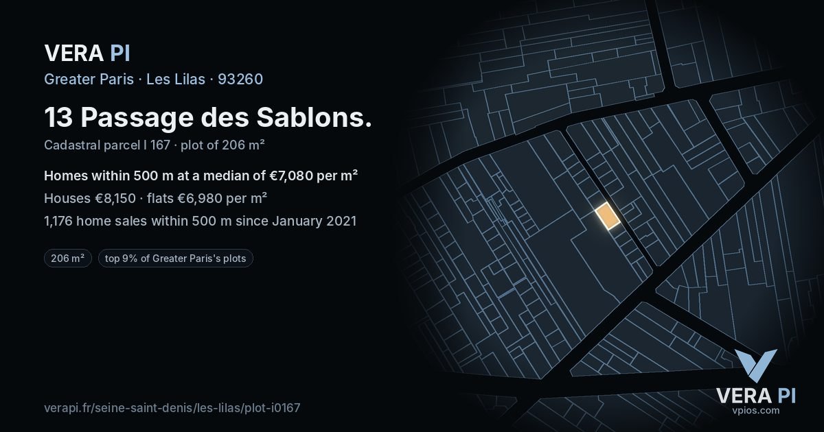 13 Passage des Sablons, Les Lilas at night – the plot lit, the parcels around coloured by the prices near them