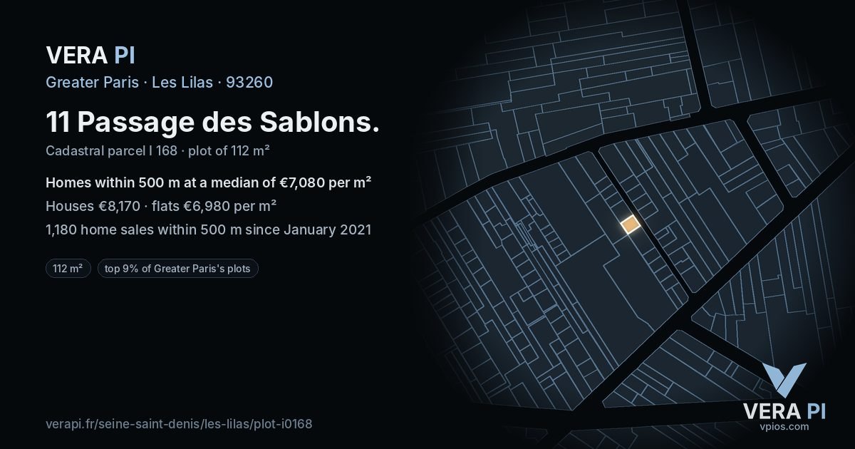 11 Passage des Sablons, Les Lilas at night – the plot lit, the parcels around coloured by the prices near them