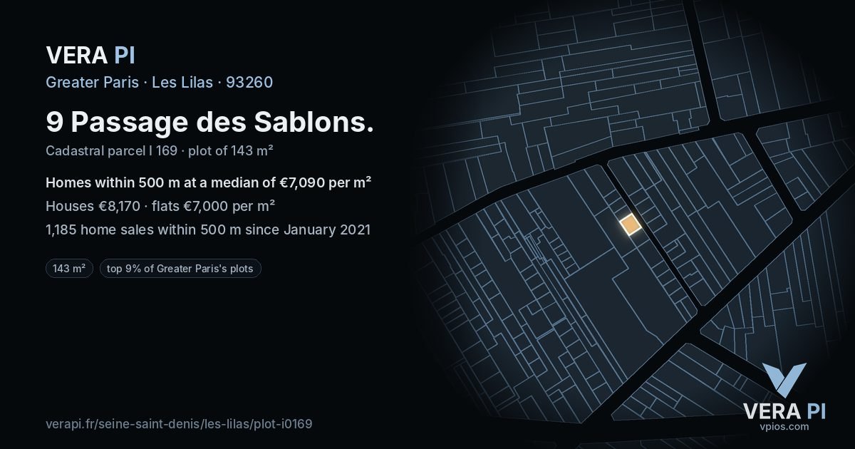 9 Passage des Sablons, Les Lilas at night – the plot lit, the parcels around coloured by the prices near them
