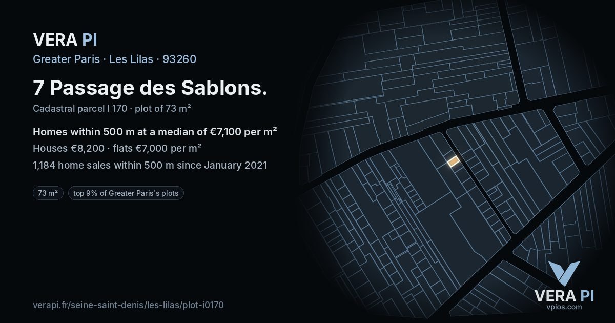 7 Passage des Sablons, Les Lilas at night – the plot lit, the parcels around coloured by the prices near them
