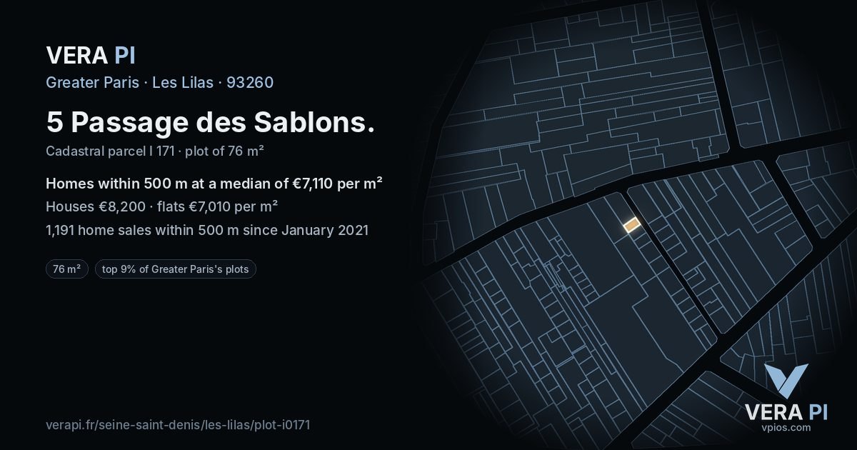 5 Passage des Sablons, Les Lilas at night – the plot lit, the parcels around coloured by the prices near them