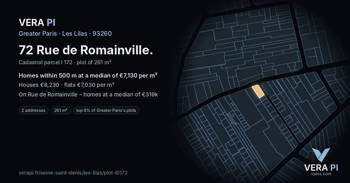 72 Rue de Romainville, Les Lilas at night – the plot lit, the parcels around coloured by the prices near them