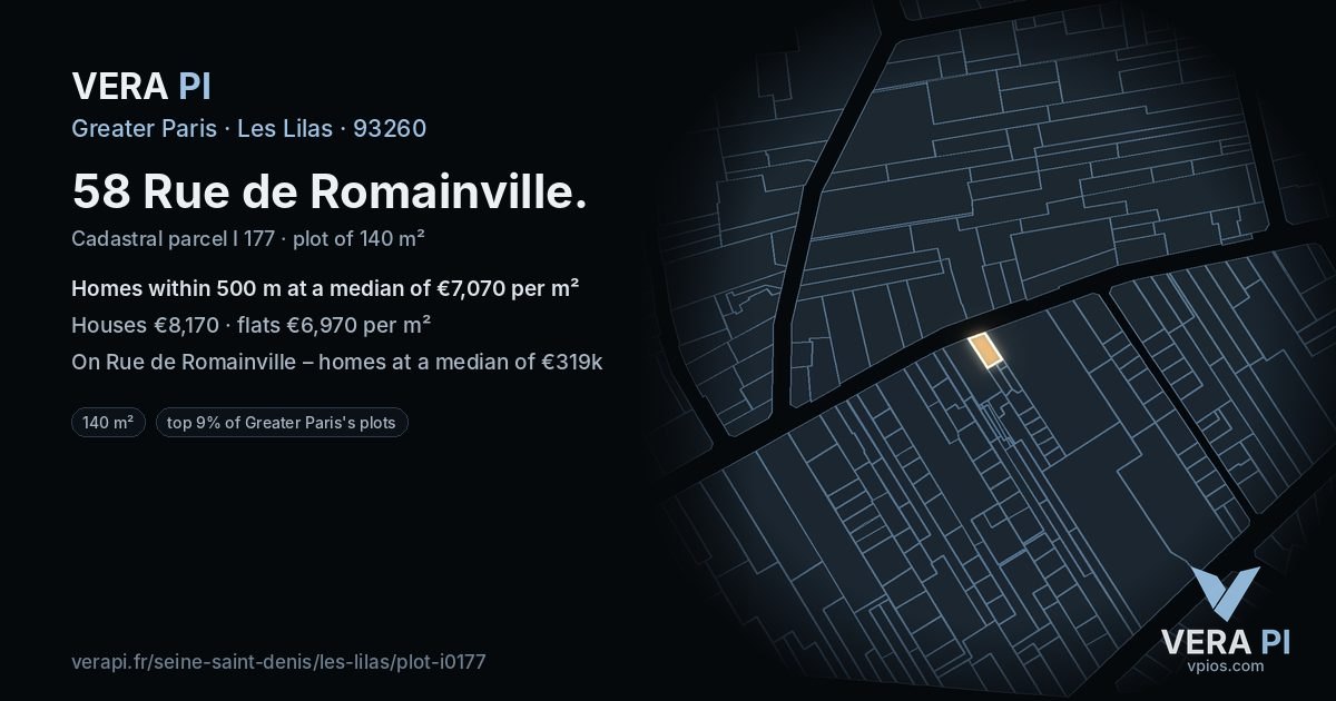 58 Rue de Romainville, Les Lilas at night – the plot lit, the parcels around coloured by the prices near them