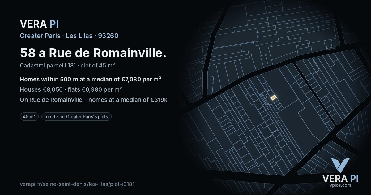 58 a Rue de Romainville, Les Lilas at night – the plot lit, the parcels around coloured by the prices near them