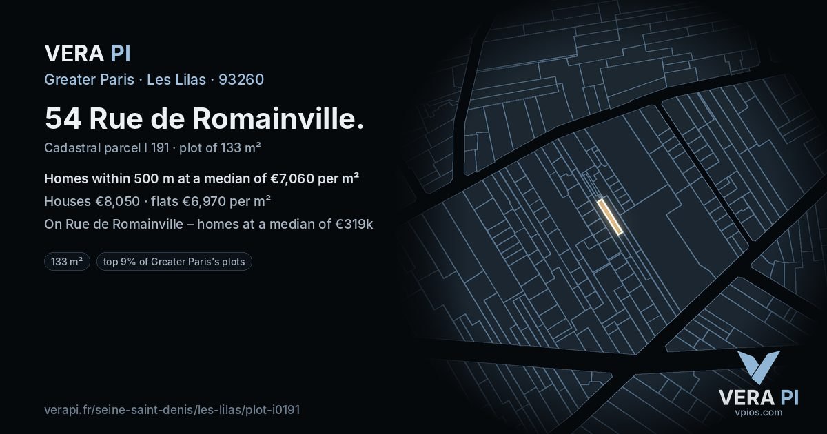 54 Rue de Romainville, Les Lilas at night – the plot lit, the parcels around coloured by the prices near them