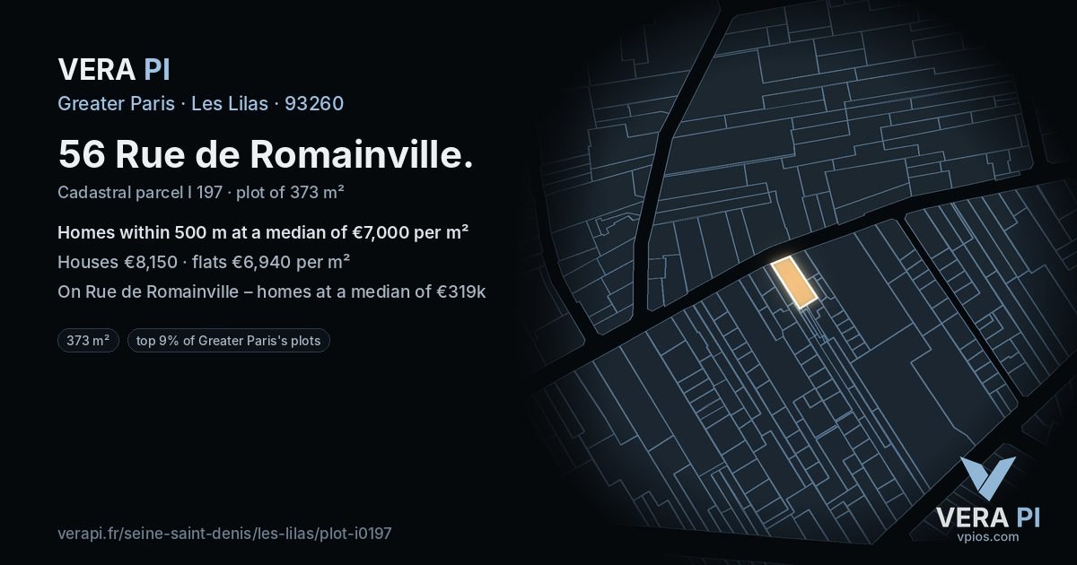 56 Rue de Romainville, Les Lilas at night – the plot lit, the parcels around coloured by the prices near them