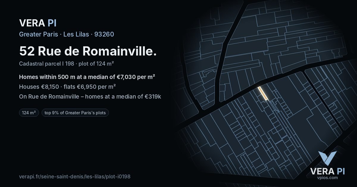 52 Rue de Romainville, Les Lilas at night – the plot lit, the parcels around coloured by the prices near them