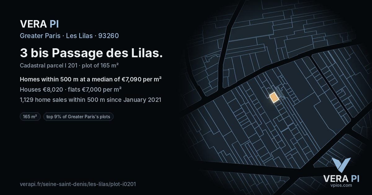 3 bis Passage des Lilas, Les Lilas at night – the plot lit, the parcels around coloured by the prices near them