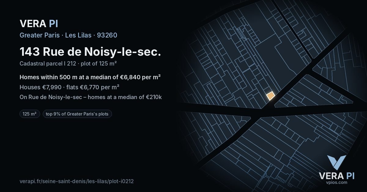 143 Rue de Noisy-le-sec, Les Lilas at night – the plot lit, the parcels around coloured by the prices near them