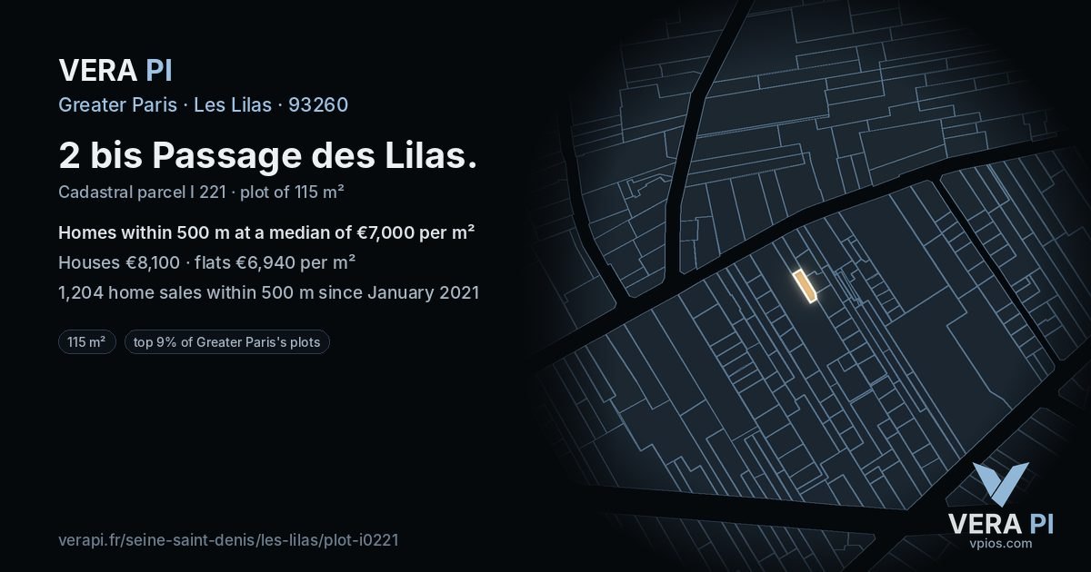 2 bis Passage des Lilas, Les Lilas at night – the plot lit, the parcels around coloured by the prices near them