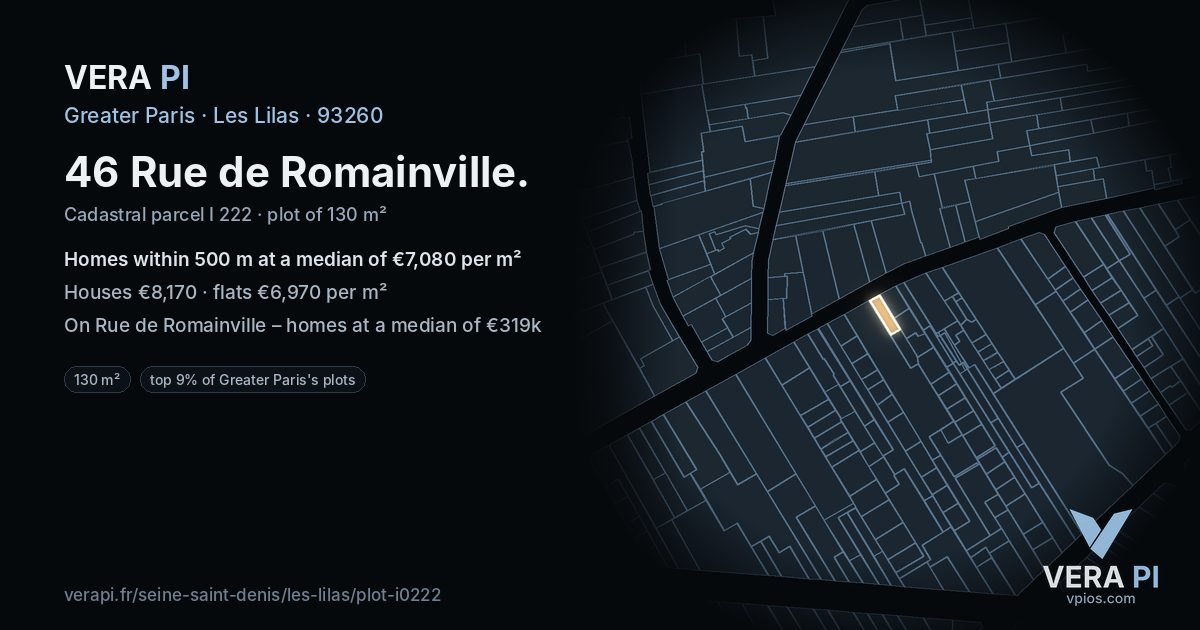 46 Rue de Romainville, Les Lilas at night – the plot lit, the parcels around coloured by the prices near them