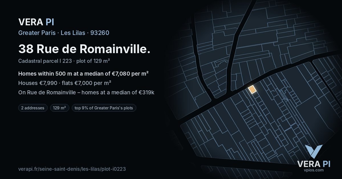 38 Rue de Romainville, Les Lilas at night – the plot lit, the parcels around coloured by the prices near them