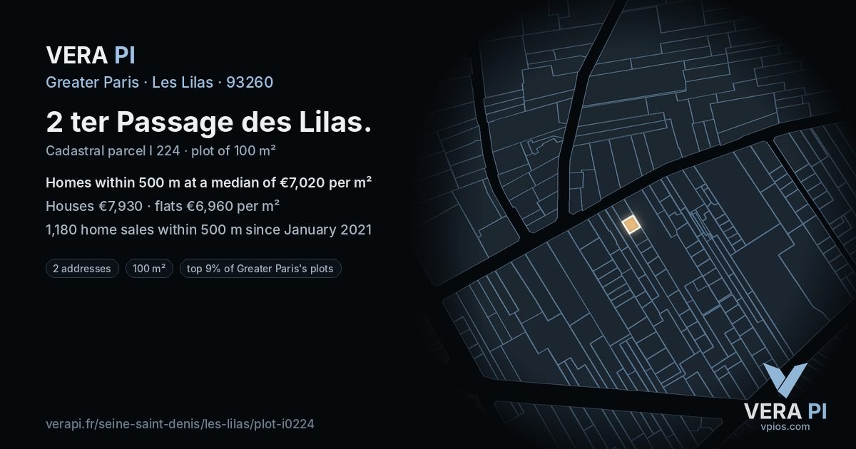 2 ter Passage des Lilas, Les Lilas at night – the plot lit, the parcels around coloured by the prices near them