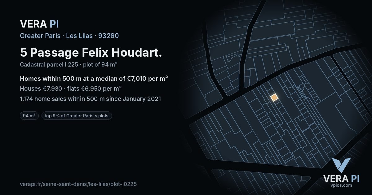 5 Passage Felix Houdart, Les Lilas at night – the plot lit, the parcels around coloured by the prices near them