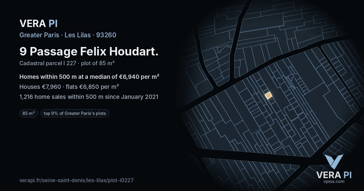 9 Passage Felix Houdart, Les Lilas at night – the plot lit, the parcels around coloured by the prices near them