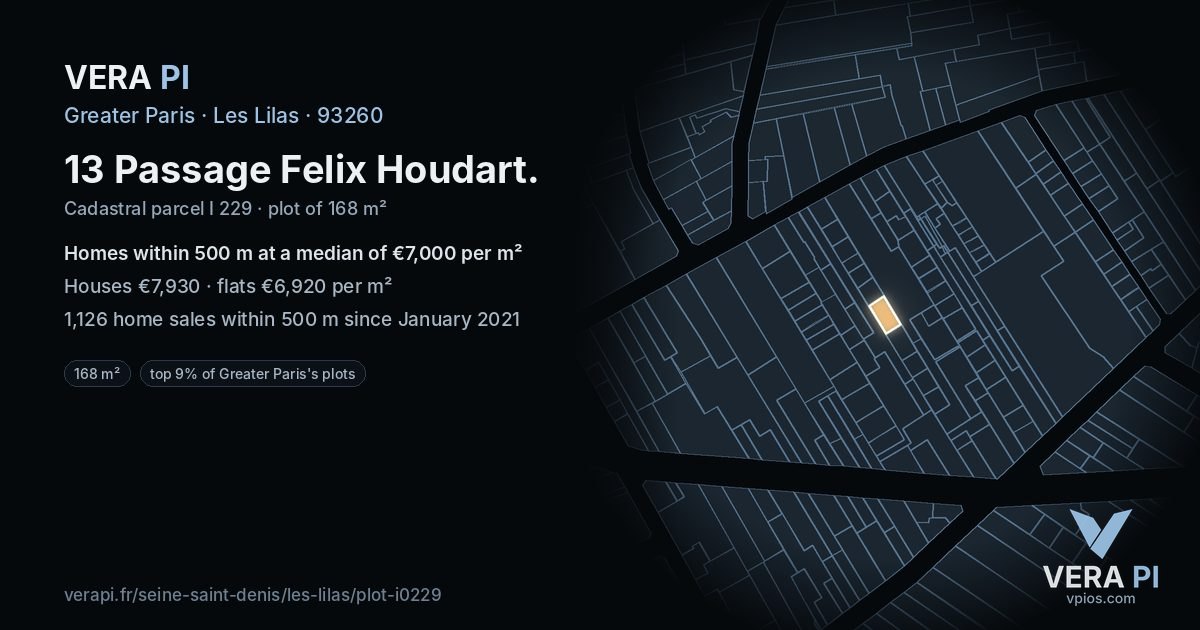 13 Passage Felix Houdart, Les Lilas at night – the plot lit, the parcels around coloured by the prices near them