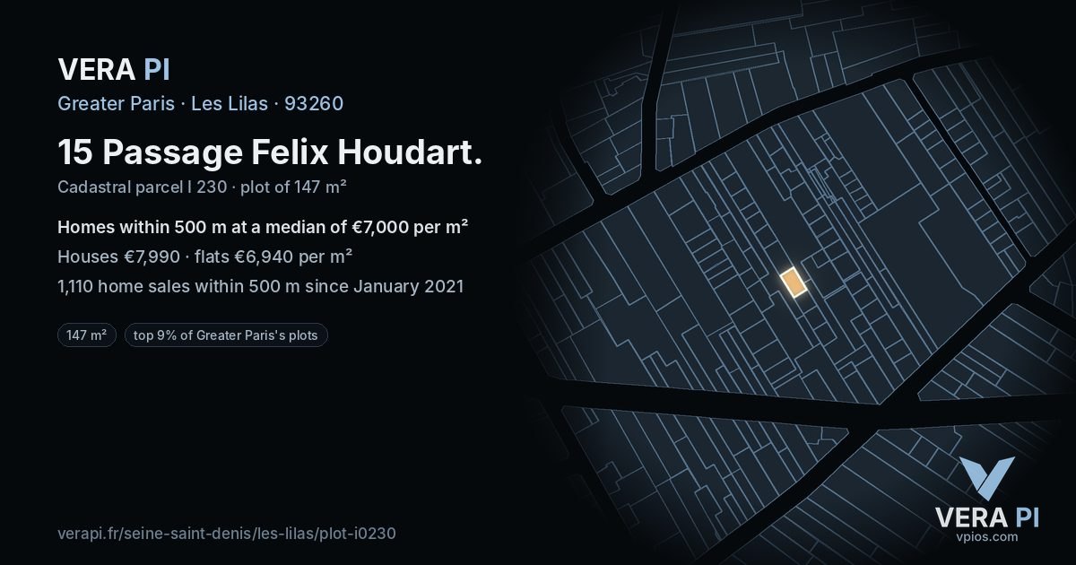 15 Passage Felix Houdart, Les Lilas at night – the plot lit, the parcels around coloured by the prices near them