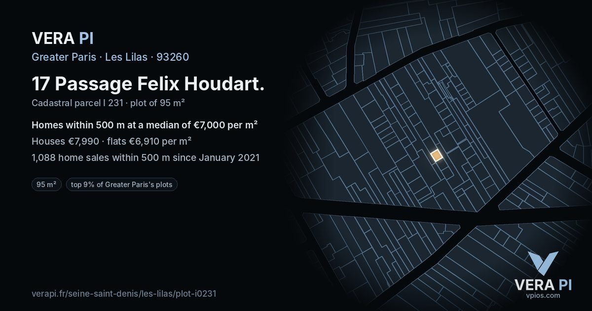 17 Passage Felix Houdart, Les Lilas at night – the plot lit, the parcels around coloured by the prices near them