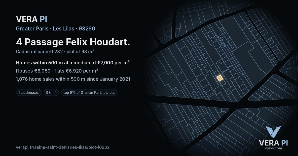 4 Passage Felix Houdart, Les Lilas at night – the plot lit, the parcels around coloured by the prices near them