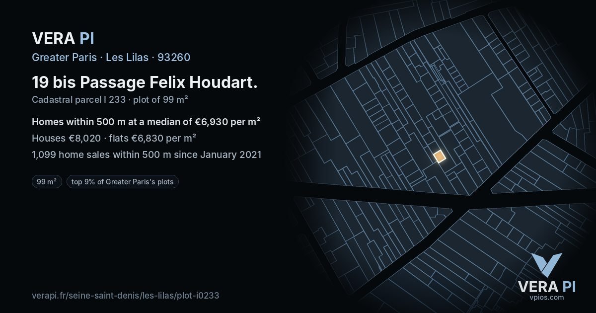 19 bis Passage Felix Houdart, Les Lilas at night – the plot lit, the parcels around coloured by the prices near them