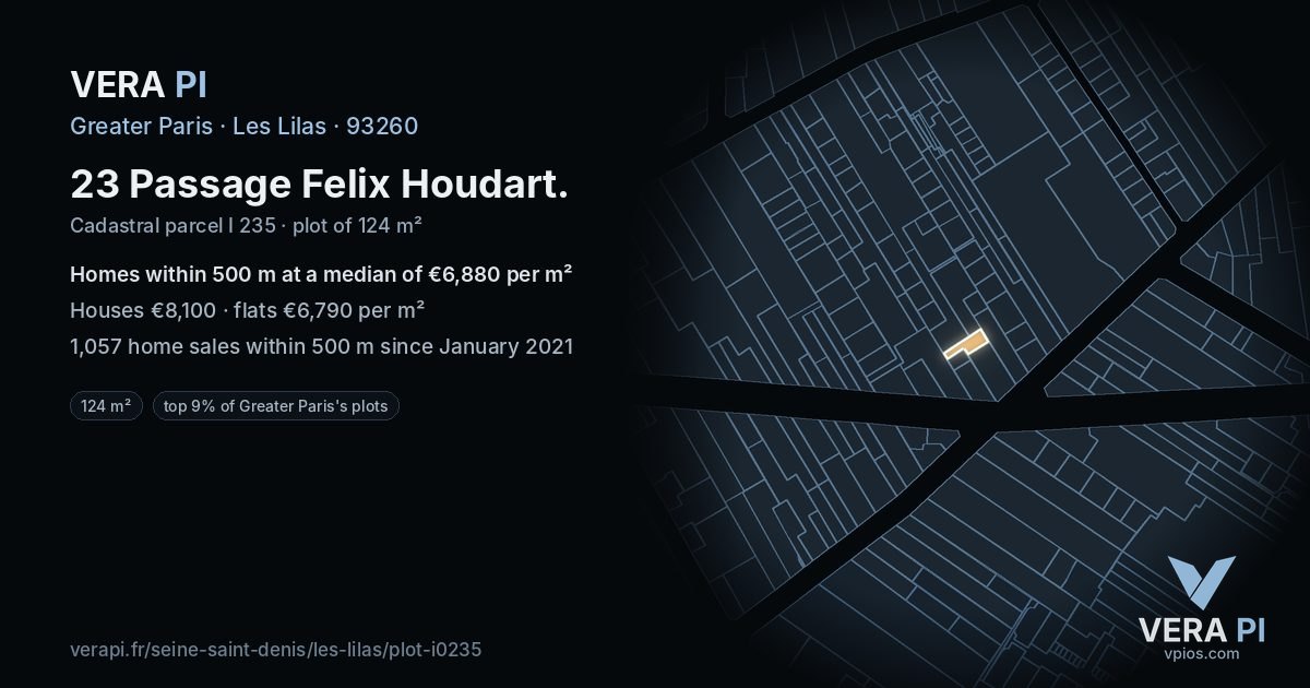 23 Passage Felix Houdart, Les Lilas at night – the plot lit, the parcels around coloured by the prices near them