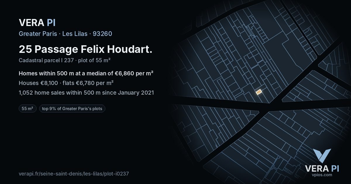 25 Passage Felix Houdart, Les Lilas at night – the plot lit, the parcels around coloured by the prices near them