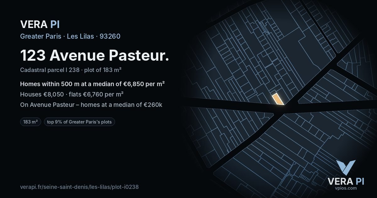 123 Avenue Pasteur, Les Lilas at night – the plot lit, the parcels around coloured by the prices near them