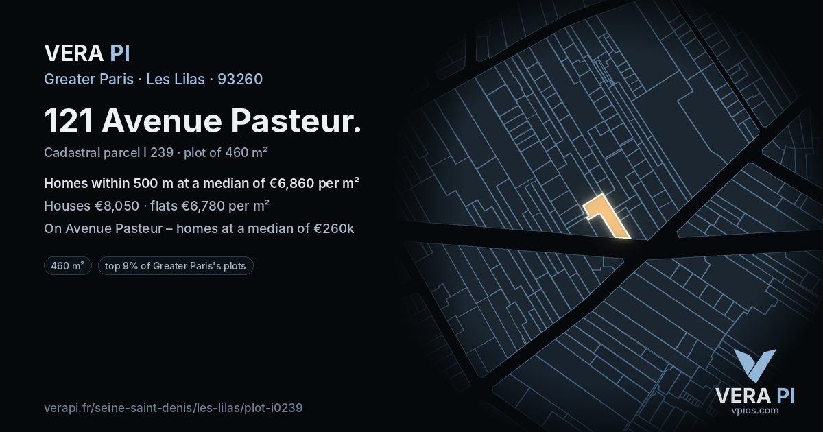 121 Avenue Pasteur, Les Lilas at night – the plot lit, the parcels around coloured by the prices near them