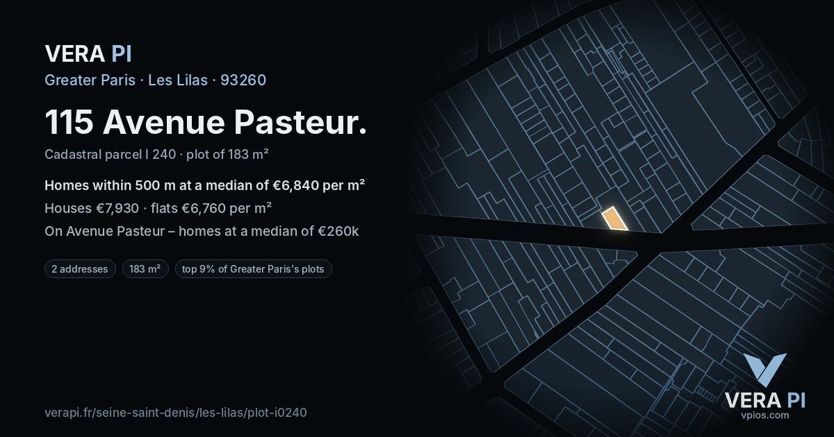 115 Avenue Pasteur, Les Lilas at night – the plot lit, the parcels around coloured by the prices near them