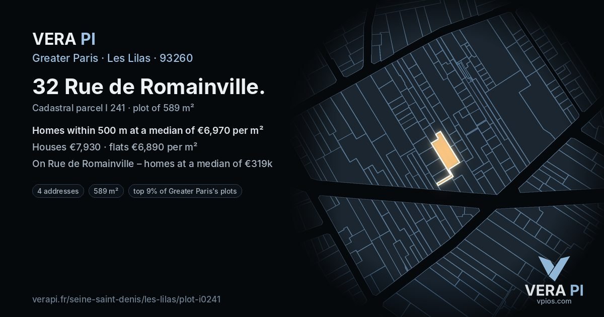 32 Rue de Romainville, Les Lilas at night – the plot lit, the parcels around coloured by the prices near them