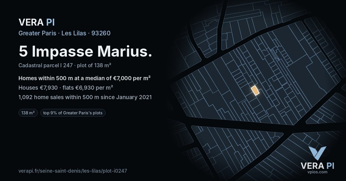 5 Impasse Marius, Les Lilas at night – the plot lit, the parcels around coloured by the prices near them