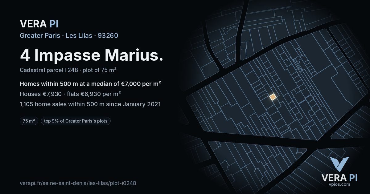 4 Impasse Marius, Les Lilas at night – the plot lit, the parcels around coloured by the prices near them