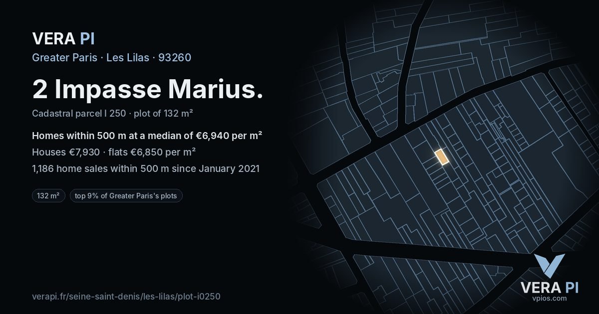 2 Impasse Marius, Les Lilas at night – the plot lit, the parcels around coloured by the prices near them