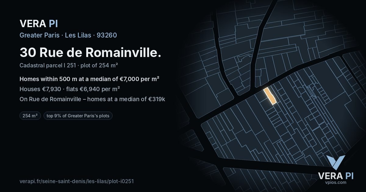 30 Rue de Romainville, Les Lilas at night – the plot lit, the parcels around coloured by the prices near them