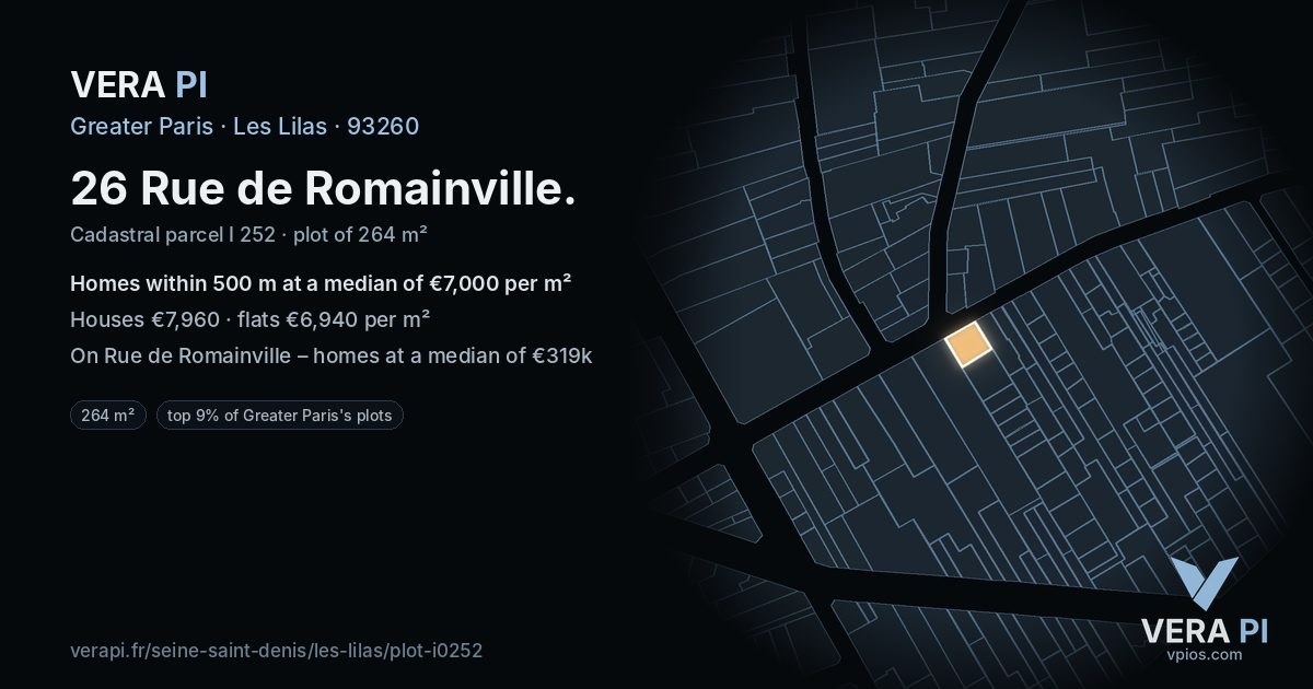 26 Rue de Romainville, Les Lilas at night – the plot lit, the parcels around coloured by the prices near them