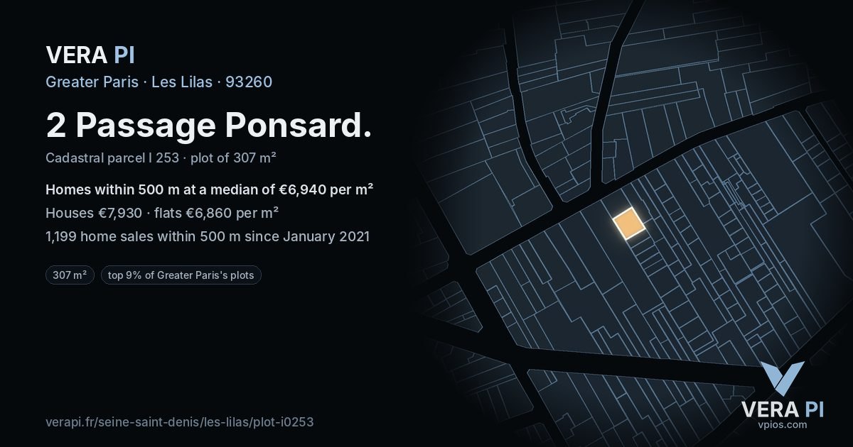2 Passage Ponsard, Les Lilas at night – the plot lit, the parcels around coloured by the prices near them