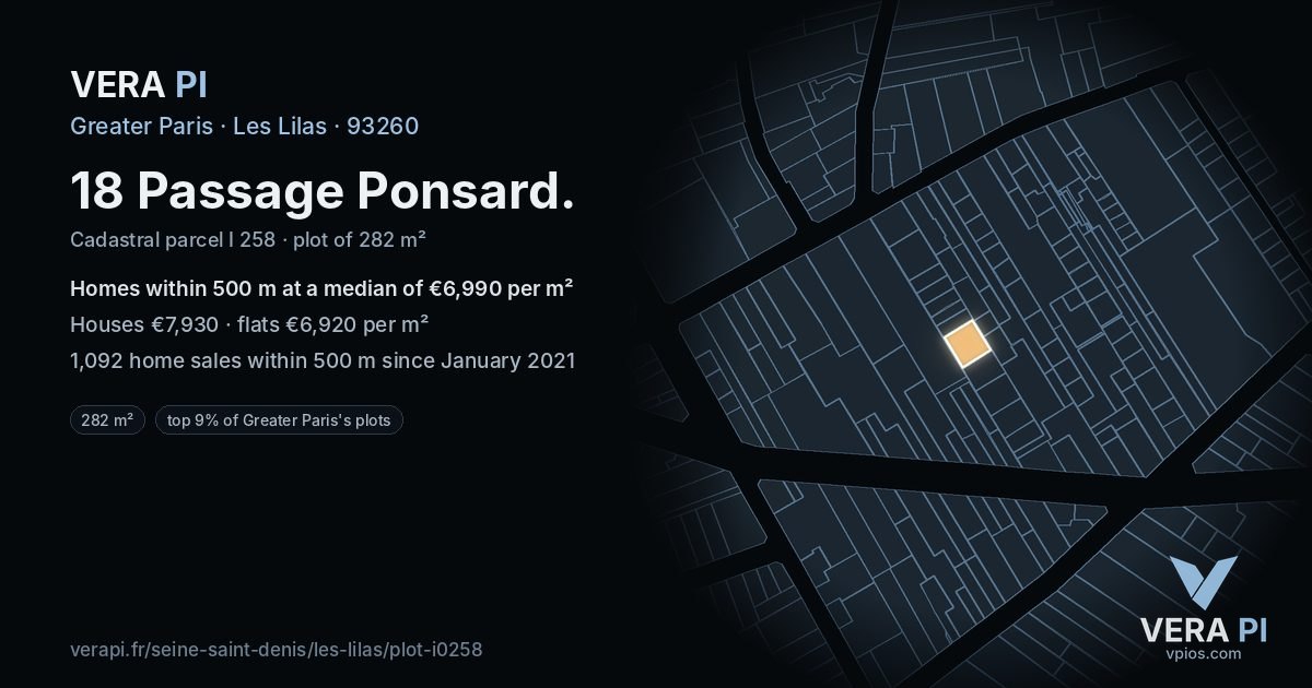 18 Passage Ponsard, Les Lilas at night – the plot lit, the parcels around coloured by the prices near them