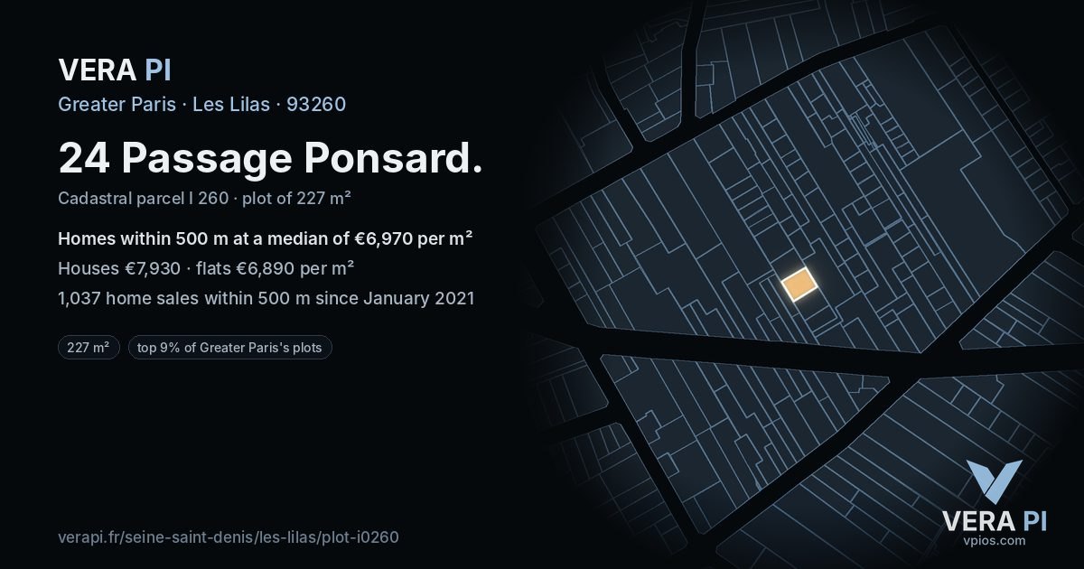 24 Passage Ponsard, Les Lilas at night – the plot lit, the parcels around coloured by the prices near them