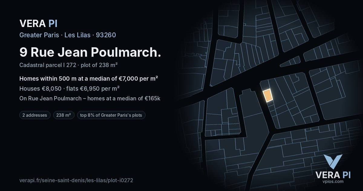9 Rue Jean Poulmarch, Les Lilas at night – the plot lit, the parcels around coloured by the prices near them