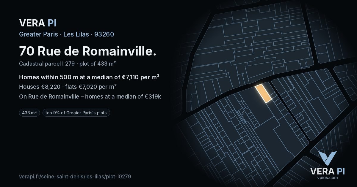 70 Rue de Romainville, Les Lilas at night – the plot lit, the parcels around coloured by the prices near them