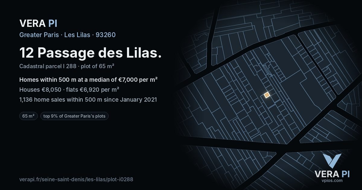 12 Passage des Lilas, Les Lilas at night – the plot lit, the parcels around coloured by the prices near them