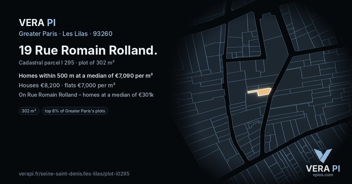 19 Rue Romain Rolland, Les Lilas at night – the plot lit, the parcels around coloured by the prices near them