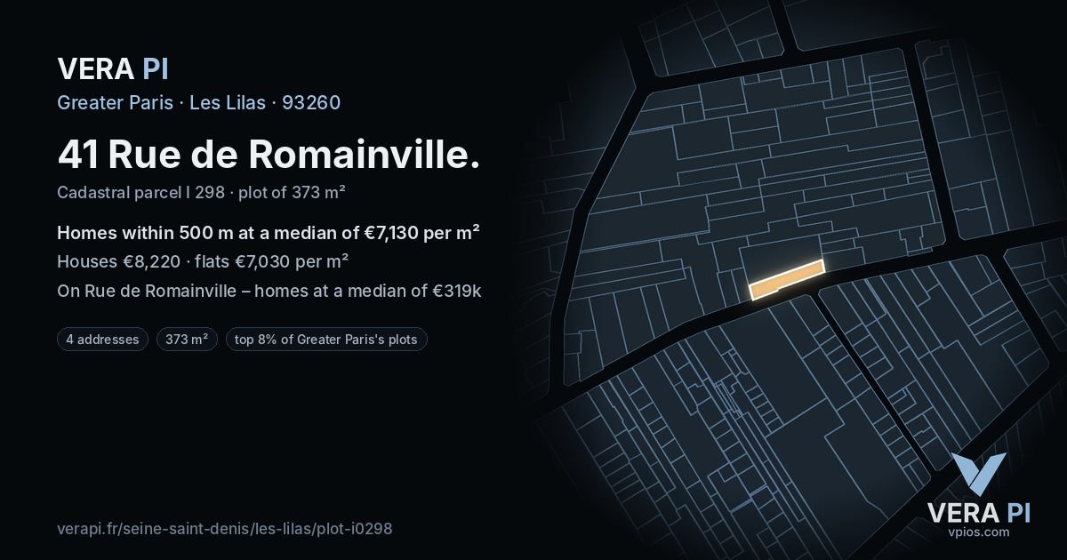 41 Rue de Romainville, Les Lilas at night – the plot lit, the parcels around coloured by the prices near them