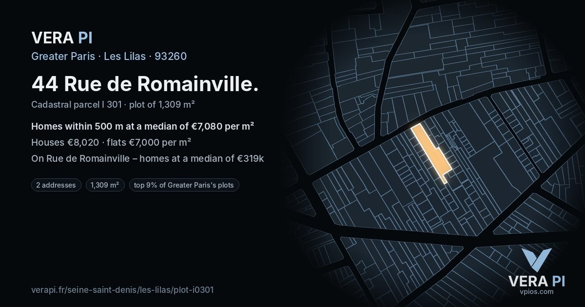 44 Rue de Romainville, Les Lilas at night – the plot lit, the parcels around coloured by the prices near them