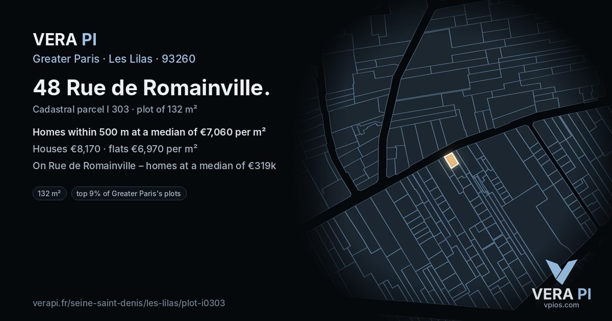 48 Rue de Romainville, Les Lilas at night – the plot lit, the parcels around coloured by the prices near them