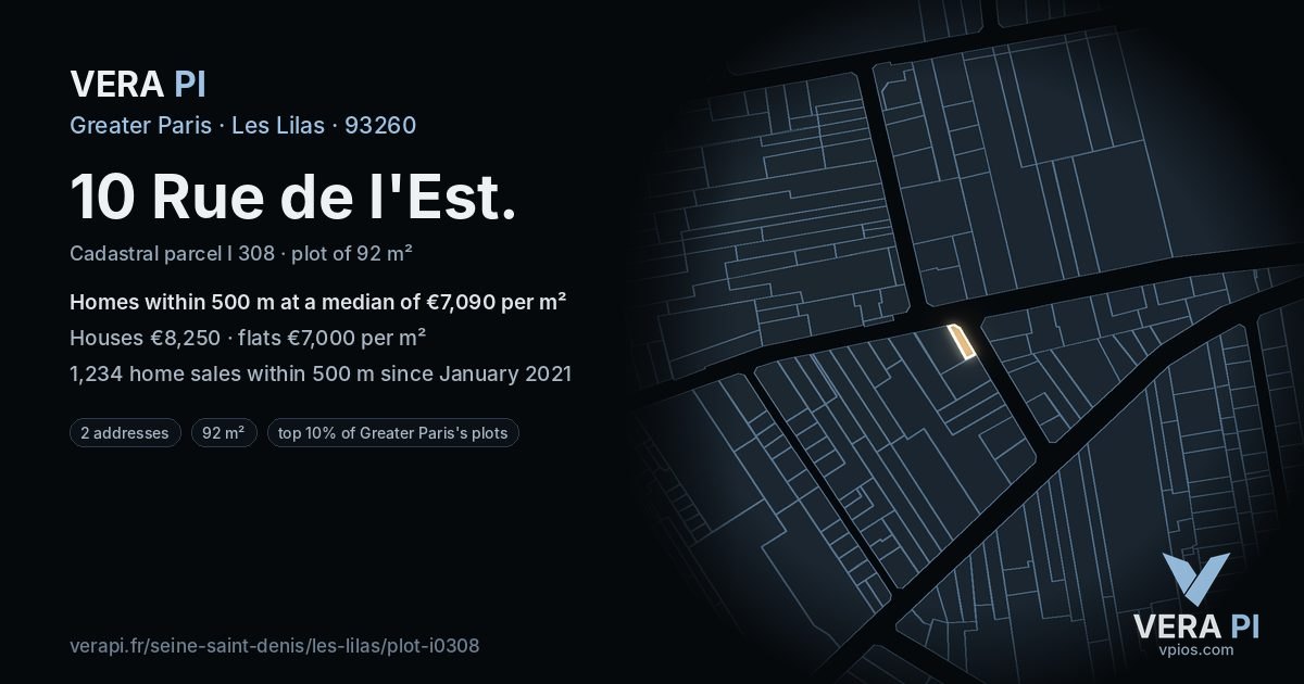 10 Rue de l'Est, Les Lilas at night – the plot lit, the parcels around coloured by the prices near them