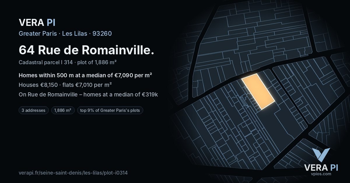64 Rue de Romainville, Les Lilas at night – the plot lit, the parcels around coloured by the prices near them